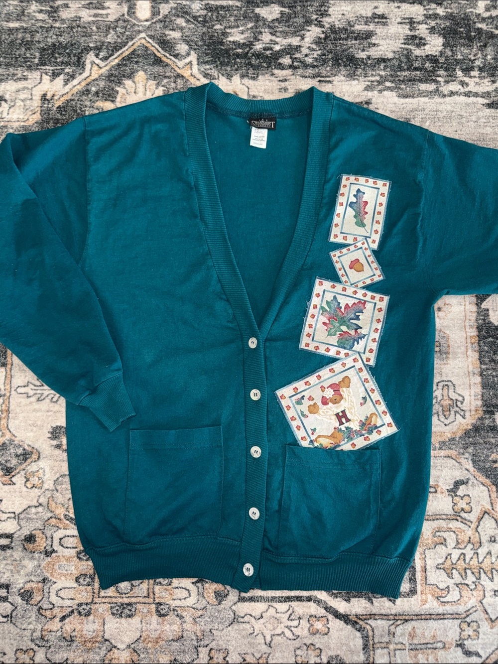 Vintage Dark Teal Cardigan Sweater with Decorative Patch Motifs